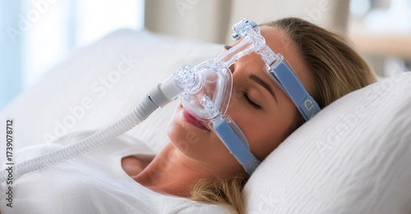 Fototapeta Woman using CPAP machine for sleep apnea therapy at home in a comfortable setting