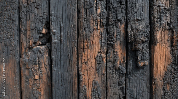 Fototapeta Weathered wooden surface with charred details displaying the effects of fire damage on natural materials