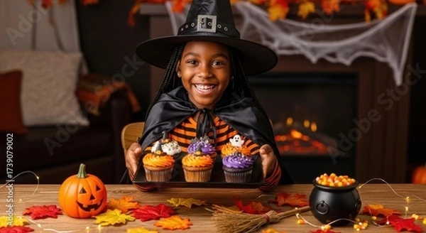 Fototapeta A happy black girl holds a plate with a dessert decorated in Halloween style. Happy Halloween.