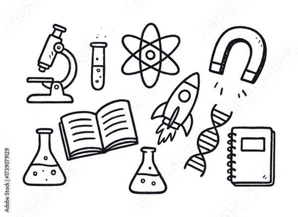 Obraz Vector Science icons: microscope, dna, atom, rocket, magnet, lab equipment, books