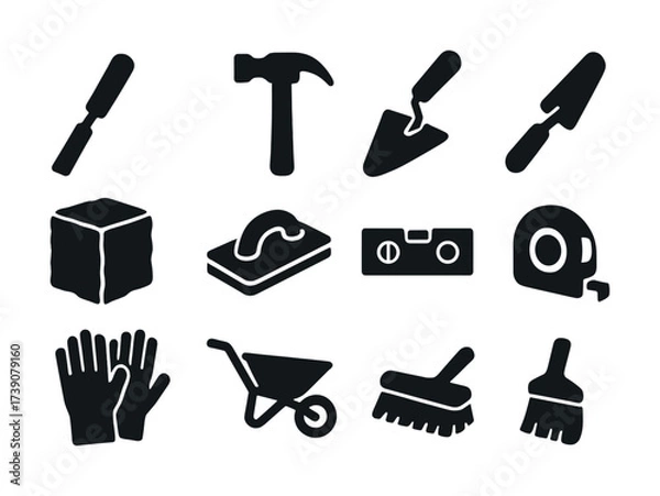 Obraz Vector Silhouette icons of construction tools: hammer, trowel, gloves, wheelbarrow, tape measure