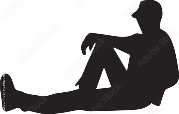 Fototapeta Silhouette of a Person Seated and Reclined Against the Ground Wearing a Hat Contemplating or Resting in a Simple Black and White Rendering