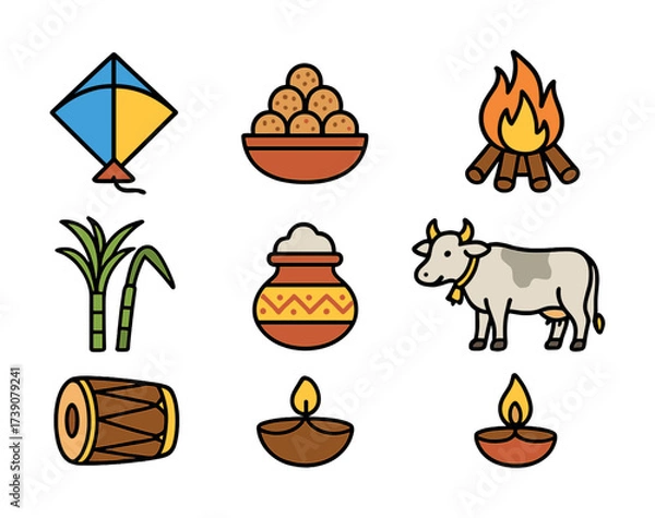 Obraz Colorful illustrations of kite, bonfire, sugarcane, pongal pot, cow, and traditional elements