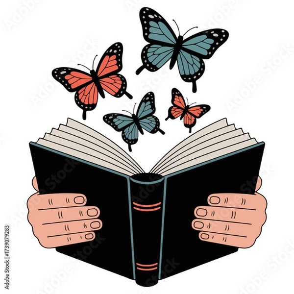 Fototapeta A captivating scene of hands holding an open book with butterflies emerging, symbolizing the freedom of knowledge and imagination.