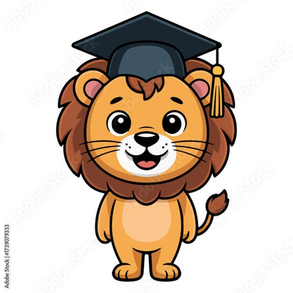 Fototapeta An adorable cartoon lion wearing a graduation cap, symbolizing education and achievement. The lion's friendly expression and the cap evoke a sense of accomplishment and knowledge