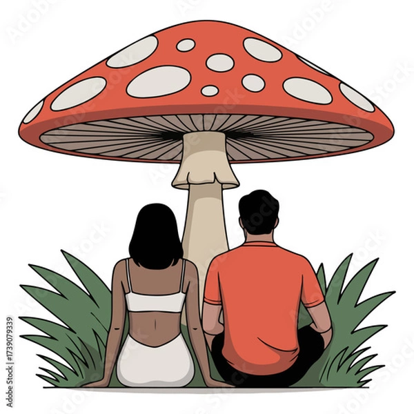 Fototapeta A couple enjoying nature under giant mushroom with their backs towards the viewer. The vibrant mushroom and grassy setting adds an element of fantasy.