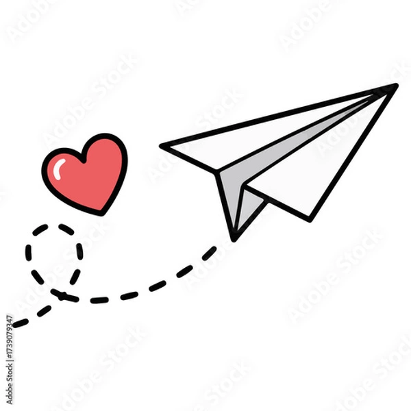 Fototapeta Paper airplane soaring towards a red heart, symbolizing love and travel