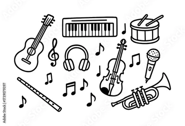 Obraz Musical instruments and notes: guitar, violin, piano, trumpet, drum, flute, microphone
