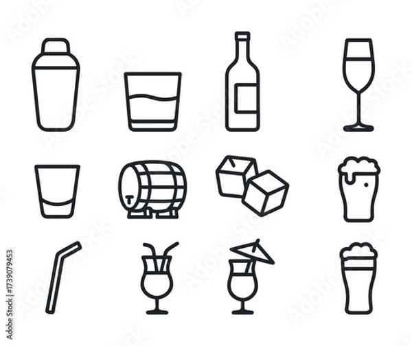 Obraz Icon set: beverage elements including glasses, bottles, and cocktail icons