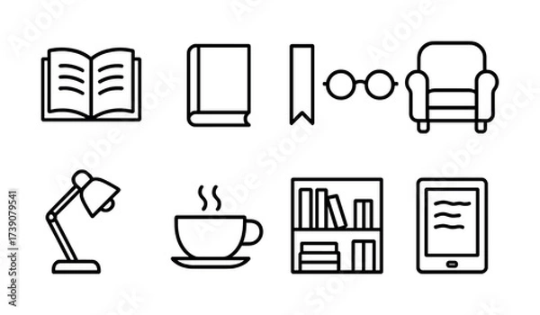 Obraz Library icons set: books, furniture, and accessories in minimalist design