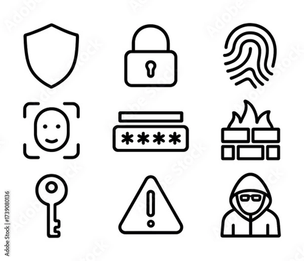 Obraz Set of security icons including key, lock, fingerprint, firewall, and alert symbols
