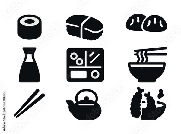 Obraz Japanese cuisine icon set: sushi, ramen, teapot, chopsticks and bento