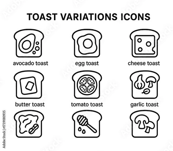 Obraz Assorted toast icons: avocado, egg, cheese, butter, tomato, garlic, honey, mushroom