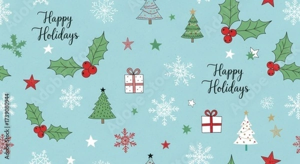Fototapeta Festive Holiday Pattern with Christmas Elements on a Light Blue Background