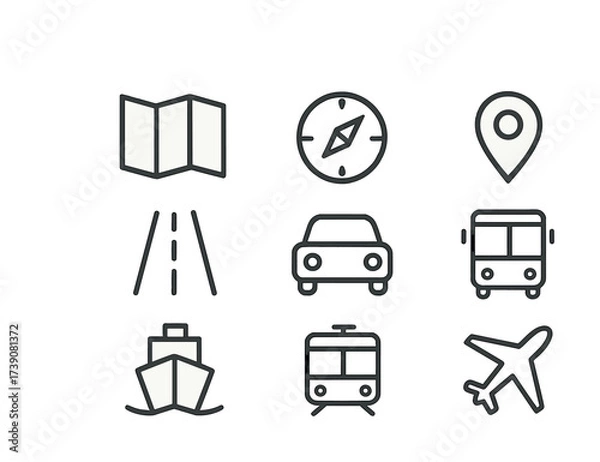Obraz Transportation and navigation icons: map, compass, car, bus, ship, train, airplane