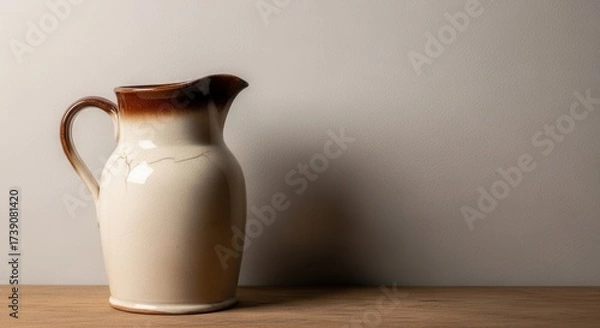 Fototapeta Earthenware Pitcher with Subtle Crack Detailing on Rustic Wooden Surface