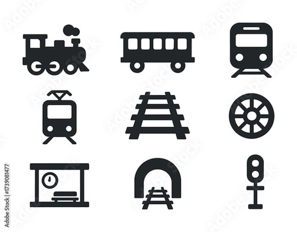 Obraz Train and railway icon set featuring trains, tracks, and tunnel