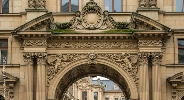 Obraz Elaborate sandstone facade with baroque-era detailing in a historical building