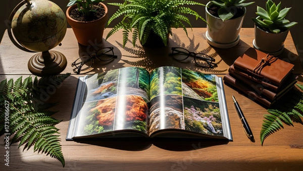 Fototapeta a wooden table with a globe, potted ferns, eyeglasses, books, and a notebook