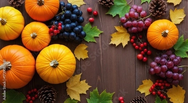 Obraz Festive autumn harvest composition of pumpkins grapes berries and pine cones on wooden surface for