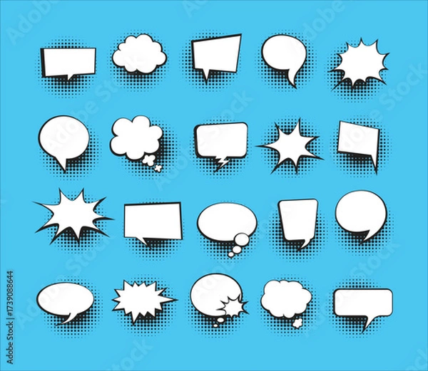 Fototapeta Cartoon comic speech bubble collection. Set of speech bubble with halftone. Cartoon cloud collection. Comic speech bubble frame. Hand drawn retro cartoon stickers. Pop art style. Vector illustration.