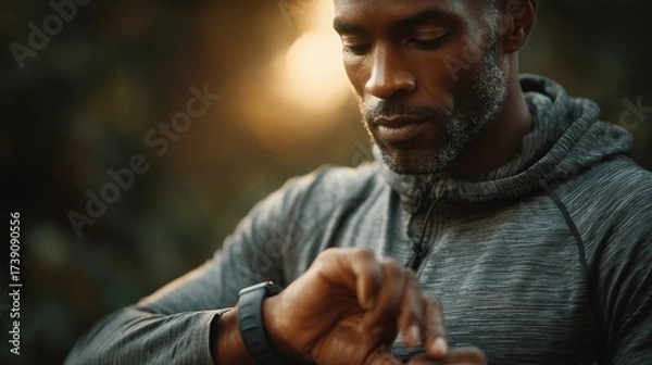 Fototapeta healthy lifestyle with wearables, jogger checking fitness data on smartwatch in park during morning run, cinematic light, copyspace bottom