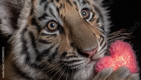 Obraz Close-up portrait of a curious tiger cub, holding a glowing pink heart, black background