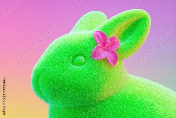 Fototapeta Green bunny statue with a pink flower on its head, set against a colorful gradient background
