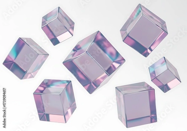 Fototapeta Floating iridescent glass cubes isolated on white background, abstract design