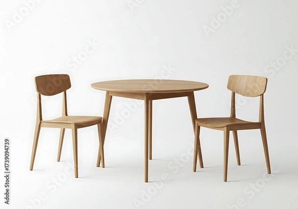 Fototapeta Wooden round table and two chairs isolated on white background for interior