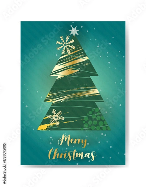 Fototapeta A festive greeting card with a stylized sparkly Christmas tree with grunge golden paint strokes and decorations on a green background, featuring the text 'Merry Christmas.'