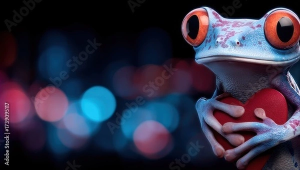 Obraz Close-up of a vibrant frog holding a red heart, bokeh background. Vivid colors and detail