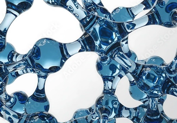 Fototapeta Abstract blue water molecule structure isolated on white background with bubbles