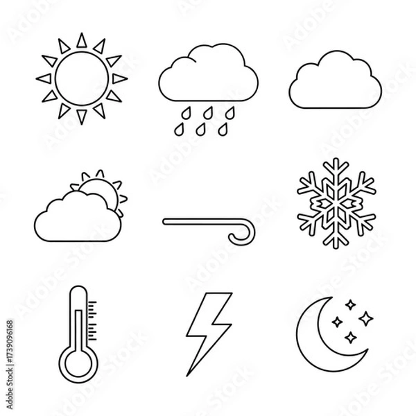 Fototapeta A versatile collection of minimalist weather condition symbols for meteorological forecasting, including icons for sun, clouds, rain, wind, snow, and thunderstorms
