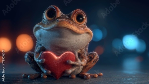 Fototapeta Animated amphibian offers a red heart, illuminated with colorful bokeh on a city background
