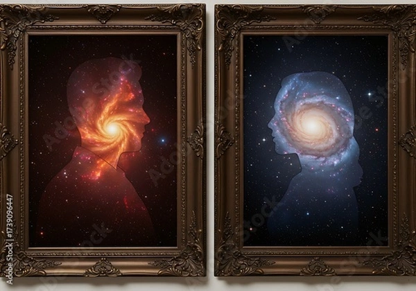 Fototapeta Cosmic portraits of a man and woman in ornate frames, a celestial concept
