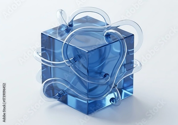 Fototapeta Abstract blue glass cube with clear swirls, isolated on white background