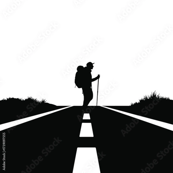 Fototapeta Black silhouette of a lone traveler with backpack and walking stick on a road vector