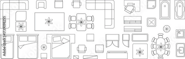 Fototapeta Architecture Furniture outline top view. Floor plan icons set for design interior and architectural project. Furniture thin line icon in top view for layout.