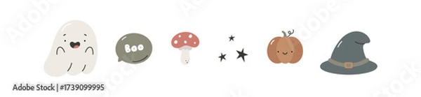 Fototapeta Happy Halloween set with cute ghost, pumpkin, witch's hat, fly agaric etc. Isolated on white background. Good for cards, poster, prints, invitation and party decoration. Halloween design elements.