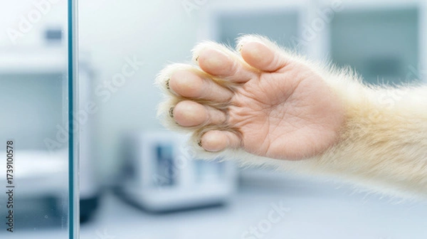 Fototapeta Monkey paw gently touches glass in laboratory, showcasing curiosity and sense of exploration in scientific environment