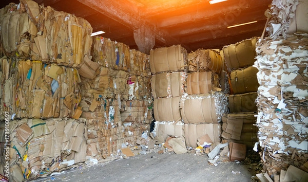 Fototapeta Warehouse, many bales of compacted cardboard and various paper materials are stacked, showing the result of recycling processes and accumulation of waste