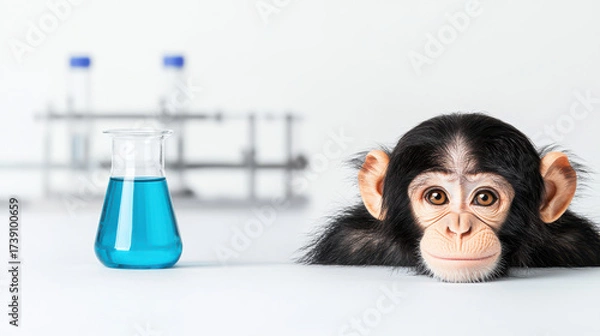 Fototapeta Curious monkey observes laboratory setting with blue liquid in flask, showcasing intersection of nature and science