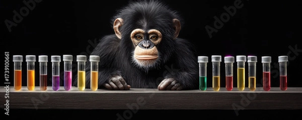 Fototapeta Monkey observes colorful test tubes in laboratory setting, showcasing curiosity and intelligence in scientific environment
