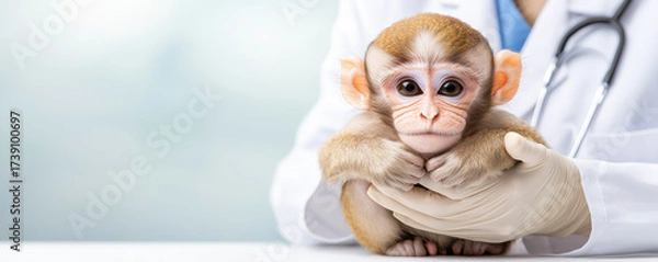 Fototapeta Monkey in laboratory setting is being gently held by person in white coat, showcasing caring and professional atmosphere