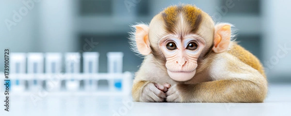 Fototapeta Monkey in laboratory setting displays curiosity and innocence while resting on table near test tubes
