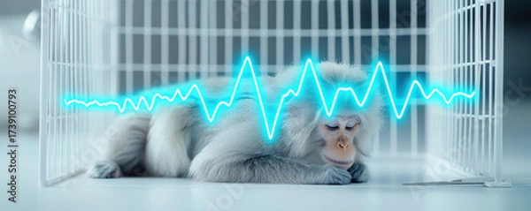 Fototapeta Monkey rests peacefully in laboratory setting while heartbeat monitor displays vital signs, showcasing connection between life and science