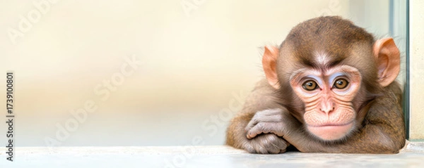 Fototapeta Curious monkey rests in laboratory setting, showcasing its expressive eyes and playful demeanor