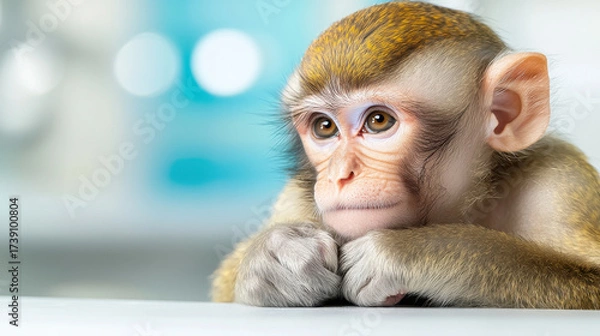 Fototapeta Curious monkey sits in laboratory, gazing thoughtfully with its hands clasped, showcasing moment of contemplation and innocence
