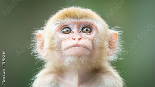 Fototapeta Curious monkey gazes thoughtfully in serene laboratory setting, showcasing its expressive eyes and soft fur